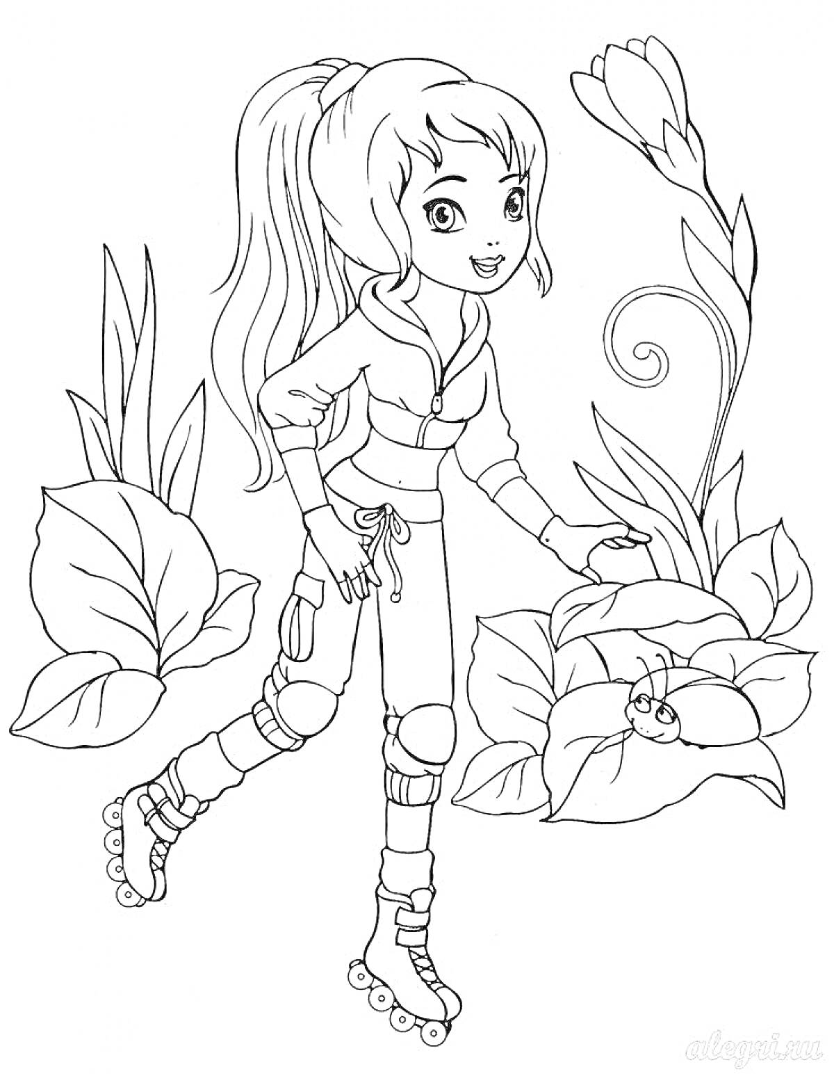 На раскраске изображено: Девочка, Растения, Цветы, Листья, Для девочек, 6 лет, Природа, Для детей, Роликовые коньки