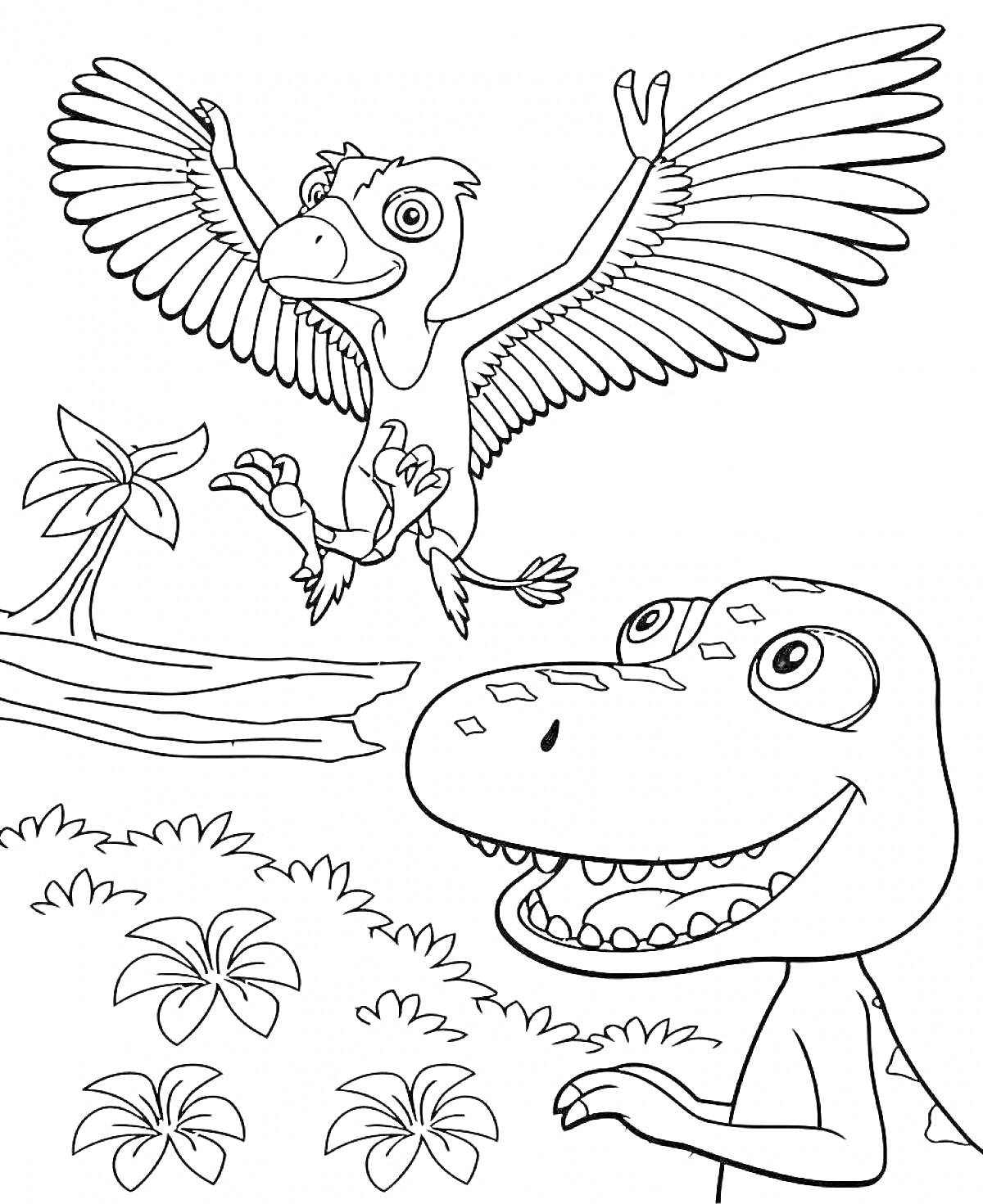 Летающий и улыбающийся динозавры на фоне растений и пальмы