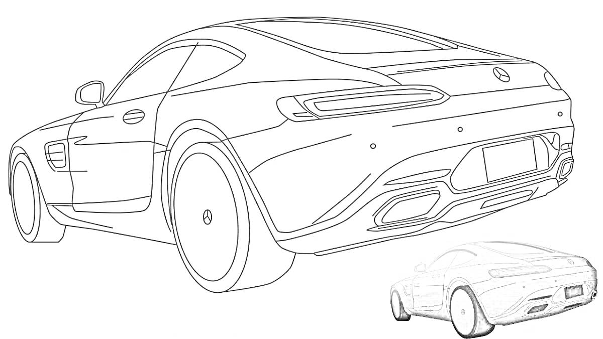 Раскраска раскраска Мерседес вид сзади с уменьшенным изображением автомобиля в правом нижнем углу