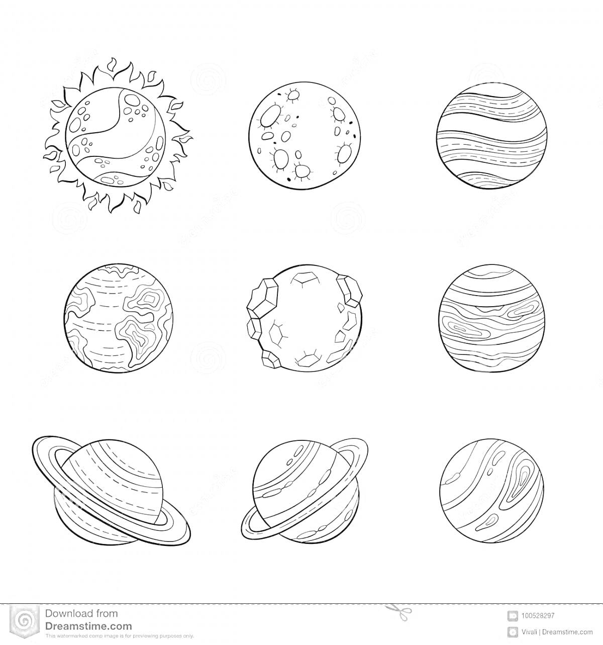 Раскраска Планеты с различными текстурами и кольцами для раскрашивания