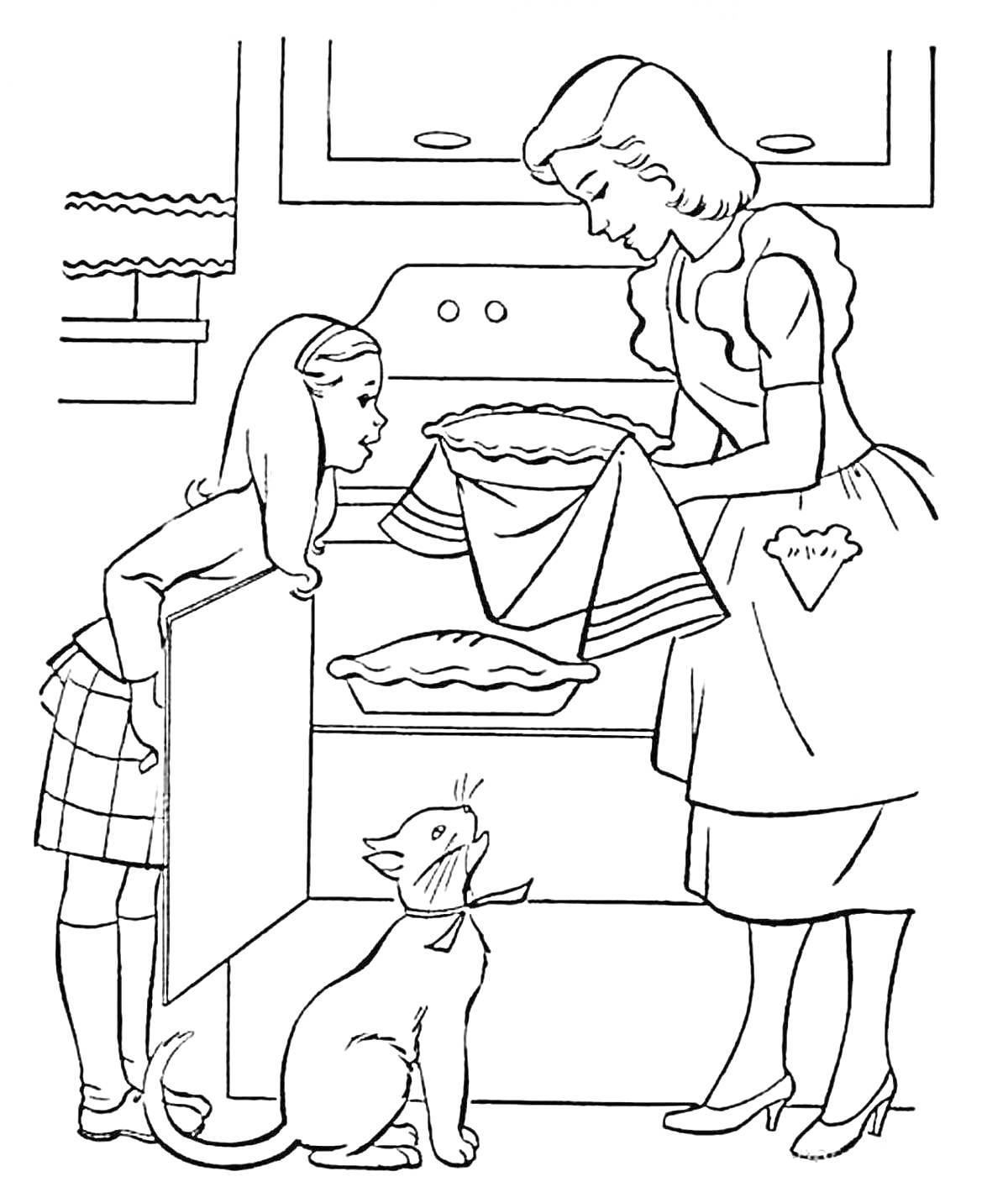 Раскраска Мама достаёт пирог из духовки, ребёнок и кот наблюдают