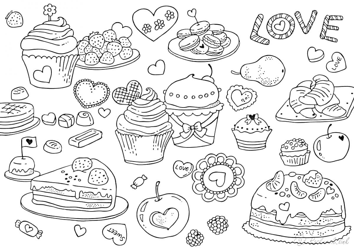 Кексы, макаруны, фрукты, сердечки, слово LOVE