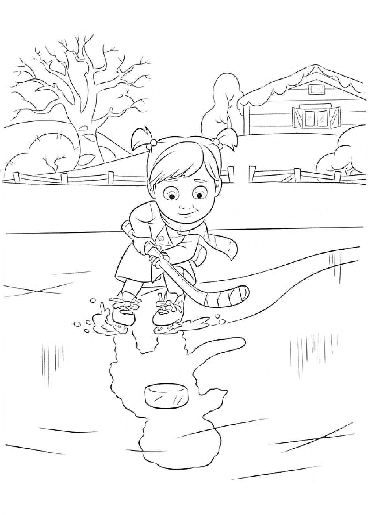 Раскраска Девочка играет в хоккей на уличной ледовой площадке возле дома