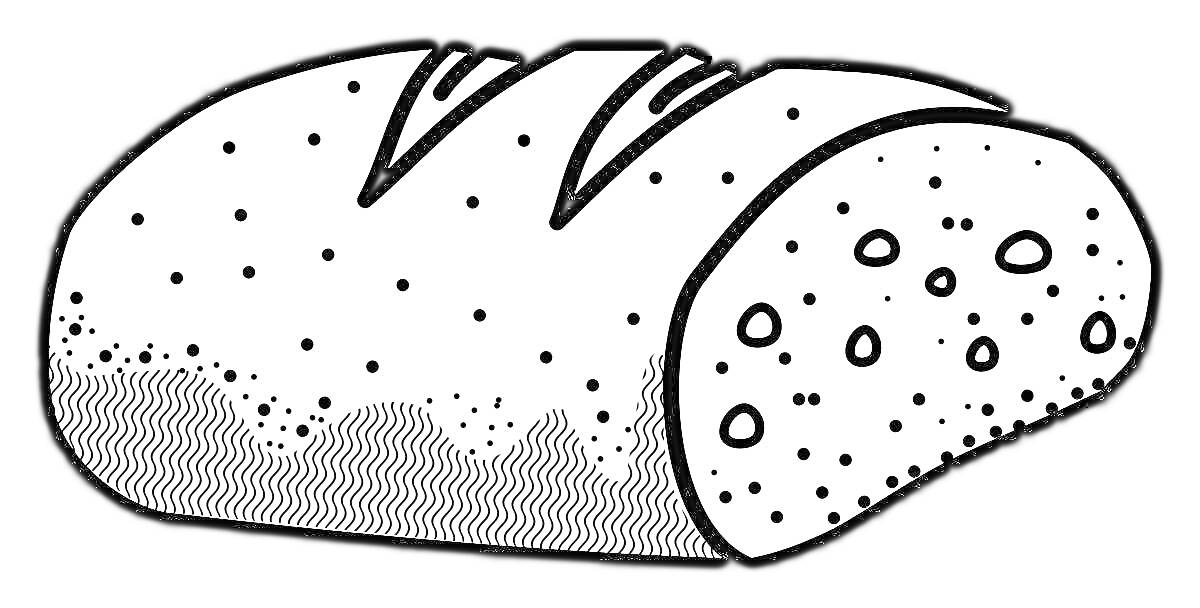Раскраска буханка хлеба с двумя надрезами и точками по бокам