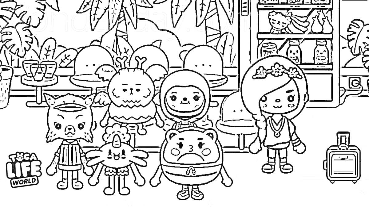 Семья из шести персонажей с разными костюмами и аксессуарами, на фоне деревьев и закусочной