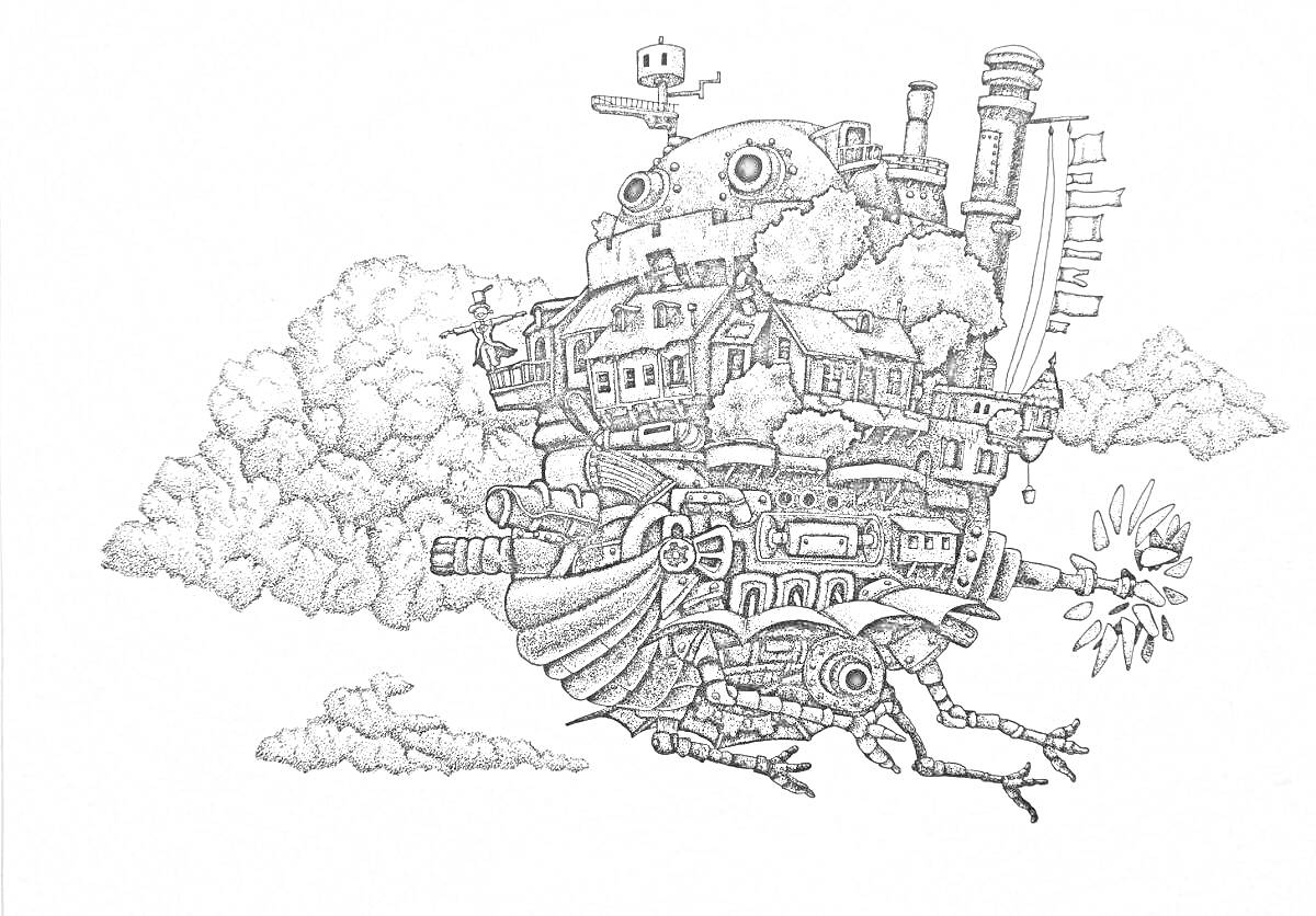 Раскраска Ходячий замок с трубами, домами, лестницами, механизмами и облаками на фоне