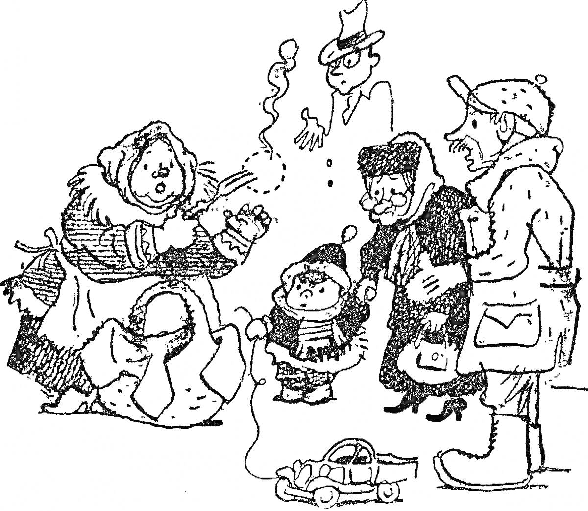 Раскраска Женщина в длинном платье с платком на голове, выпускающая из рук дым, ребенок в шапке и шарфе рядом с игрушечной машинкой, двое пожилых людей в шапках и шарфах, мужчина в кепке, силуэт с очками и шляпой в воздухе