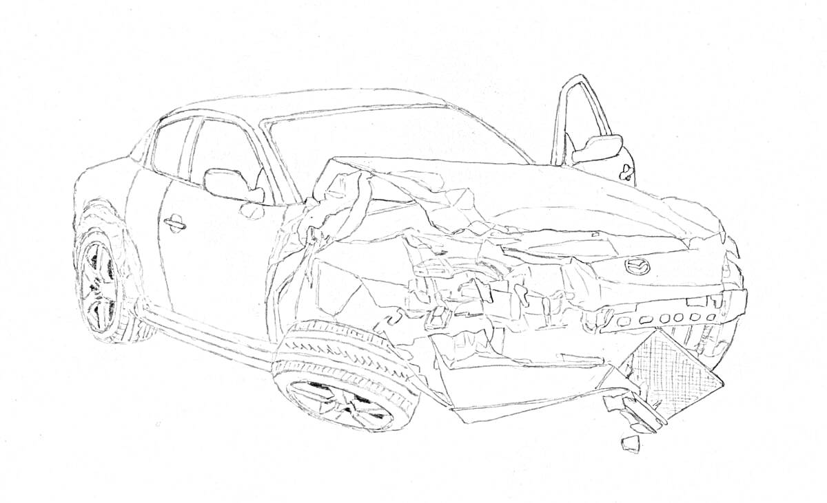 Раскраска Разбитая машина с открытой дверью и поврежденной передней частью