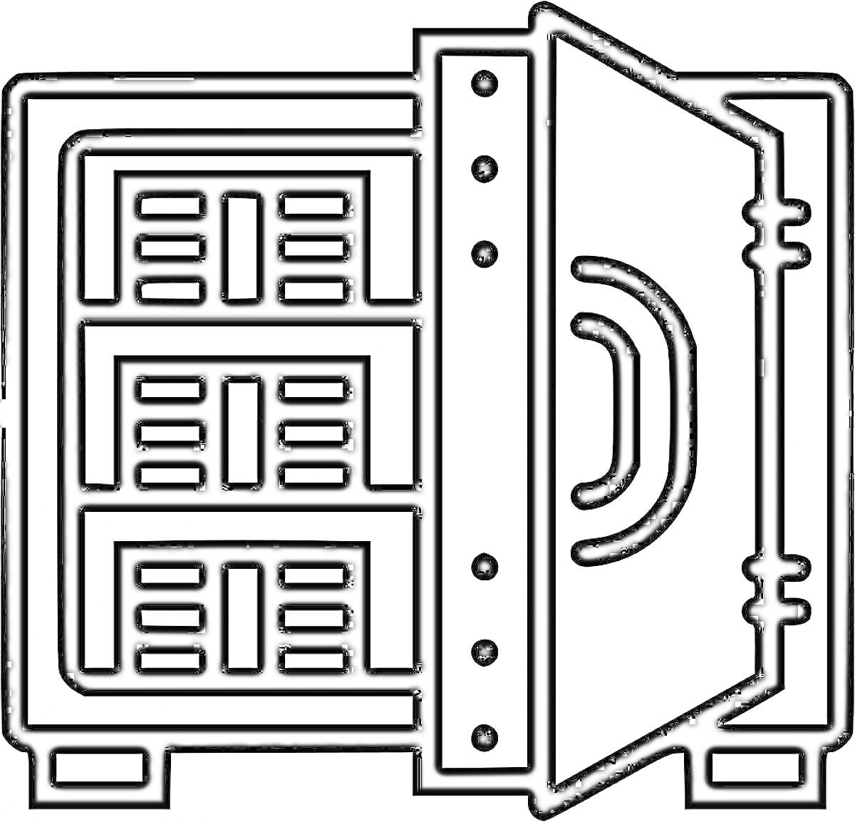 На раскраске изображено: Сейф, Дверь, Полки, Стеллажи, Безопасность, Деньги, Защита