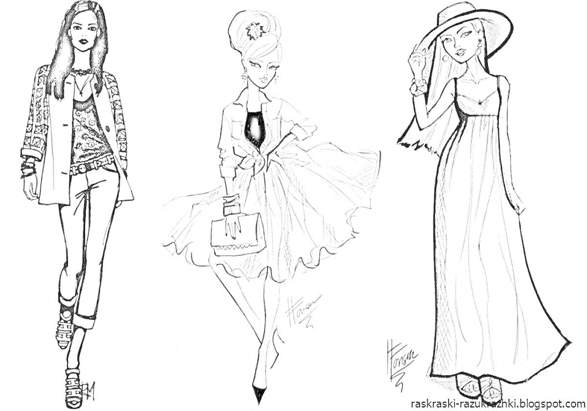 Дизайнерские работы: девушка в повседневной одежде с жакетом и брюками, девушка в пышном платье с сумочкой и высокой прической, девушка в длинном платье и шляпе
