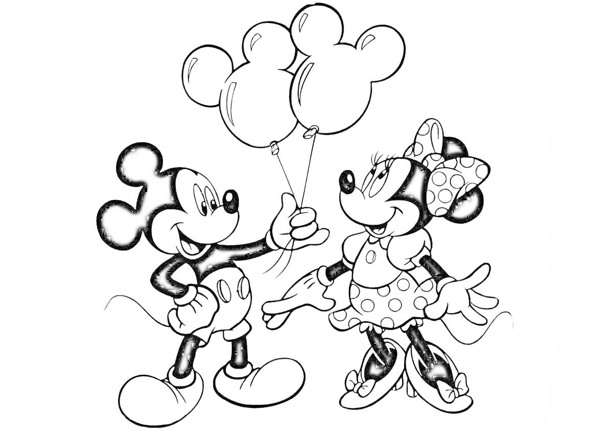 Раскраска Микки Маус и Минни Маус с воздушными шарами в форме головы Микки Мауса