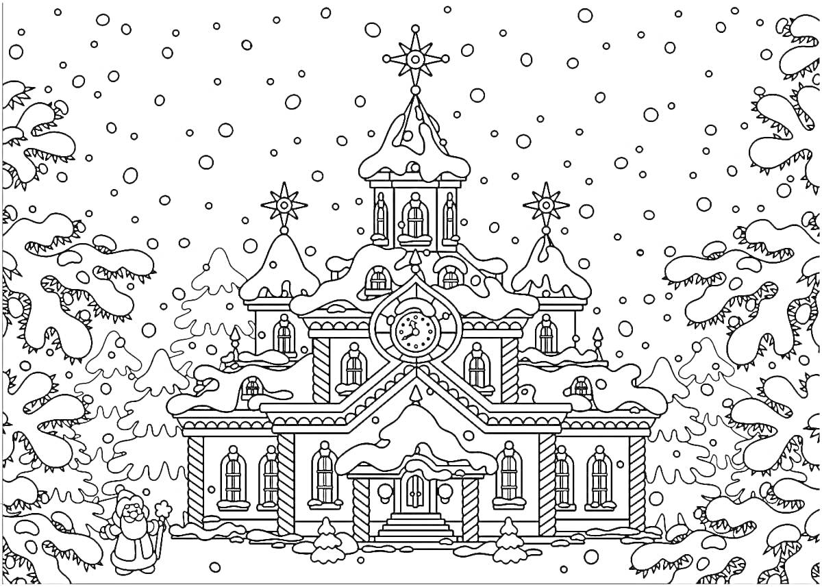 Раскраска Дом Деда Мороза, украшенный снежинками, окруженный заснеженными елками, фигурка Снеговика слева
