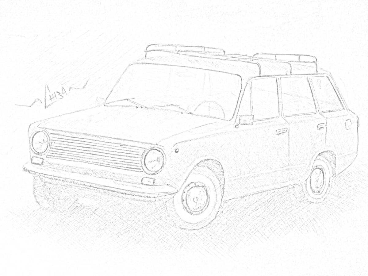 На раскраске изображено: Седан, Багажник на крыше, Ретро, Транспорт, Советский автомобиль