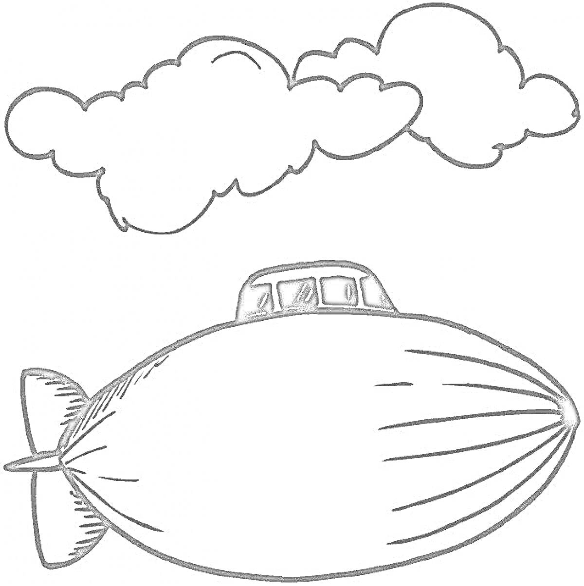 На раскраске изображено: Дирижабль, Летательный аппарат, Небо, Транспорт, Авиация, Облака, Воздушные шары