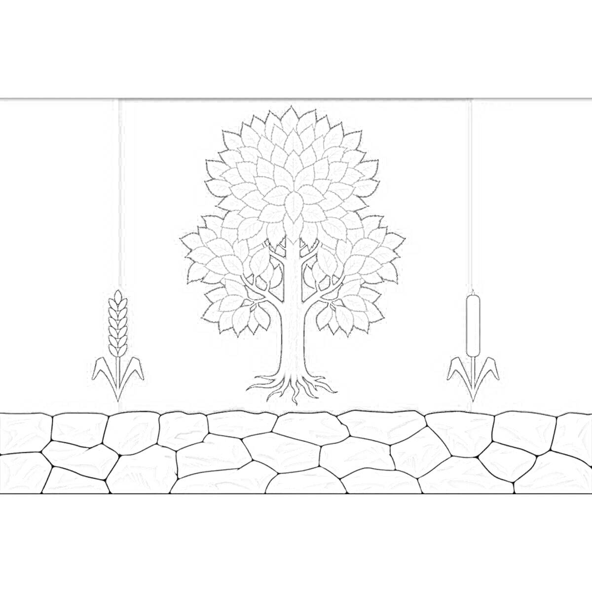 Раскраска Герб Кузбасса с деревом в центре, колосом пшеницы слева и тростником справа, на фоне каменной кладки