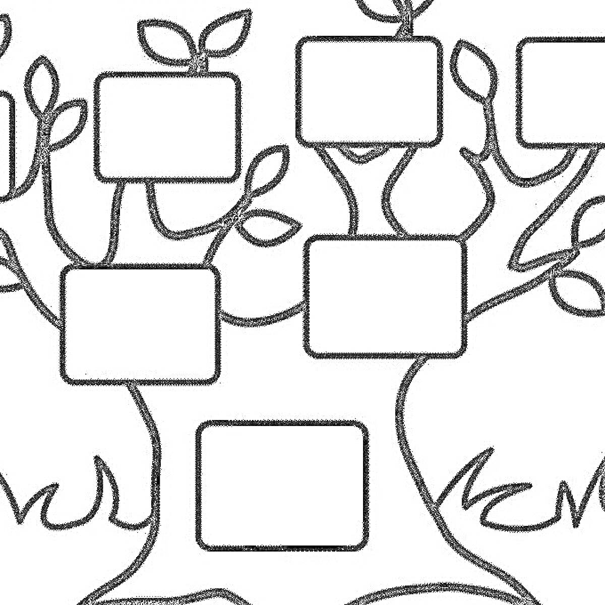 Раскраска Генеалогическое дерево с пустыми прямоугольниками для имен, листья и трава
