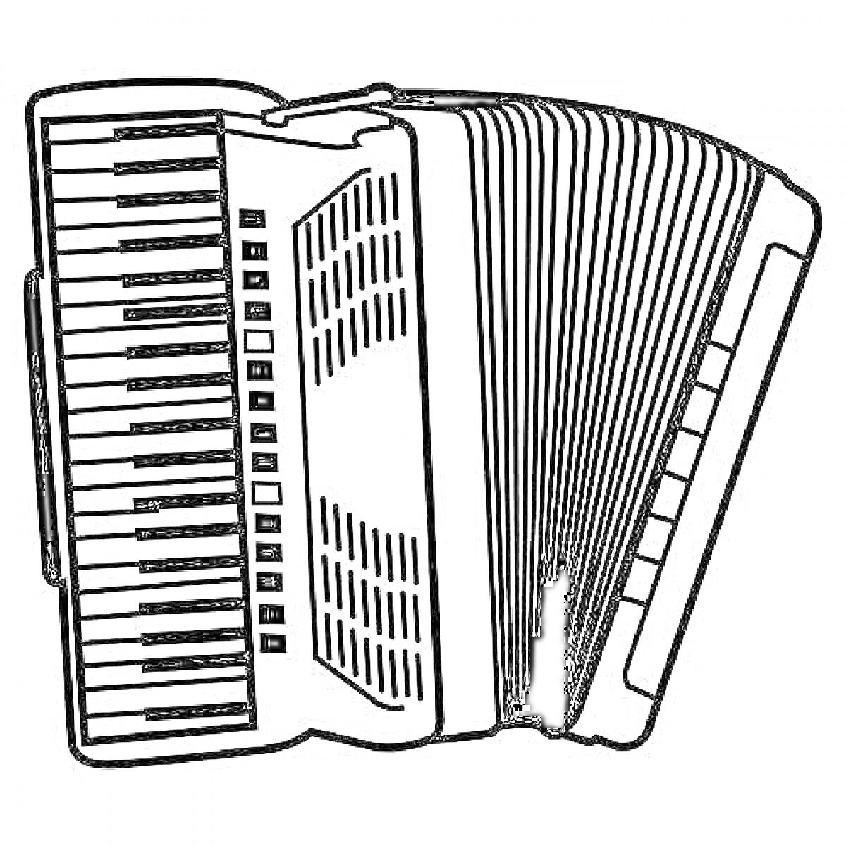 На раскраске изображено: Баян, Клавиши, Меха, Музыкальный инструмент
