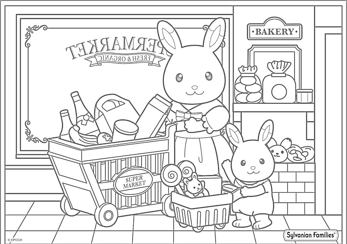 Раскраска Кролики в магазине, большой кролик с тележкой для покупок, маленький кролик с корзиной, продукты на полках, выпечка в магазине, корзина с овощами, большая тележка с продуктами