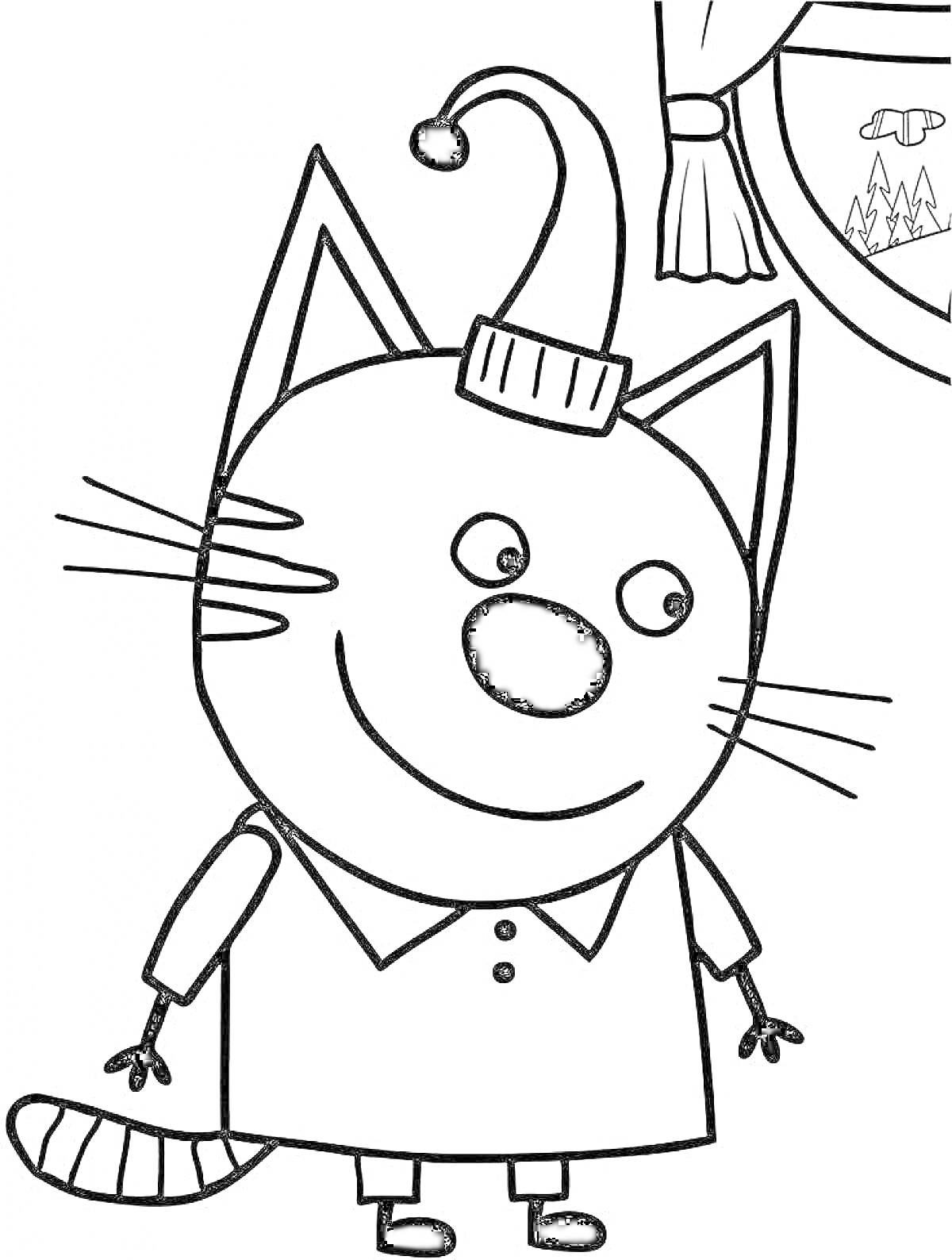 На раскраске изображено: Пижама, Елки, Три кота, Для детей, 2 года, 3 года, Из мультфильмов, Окна, Кот