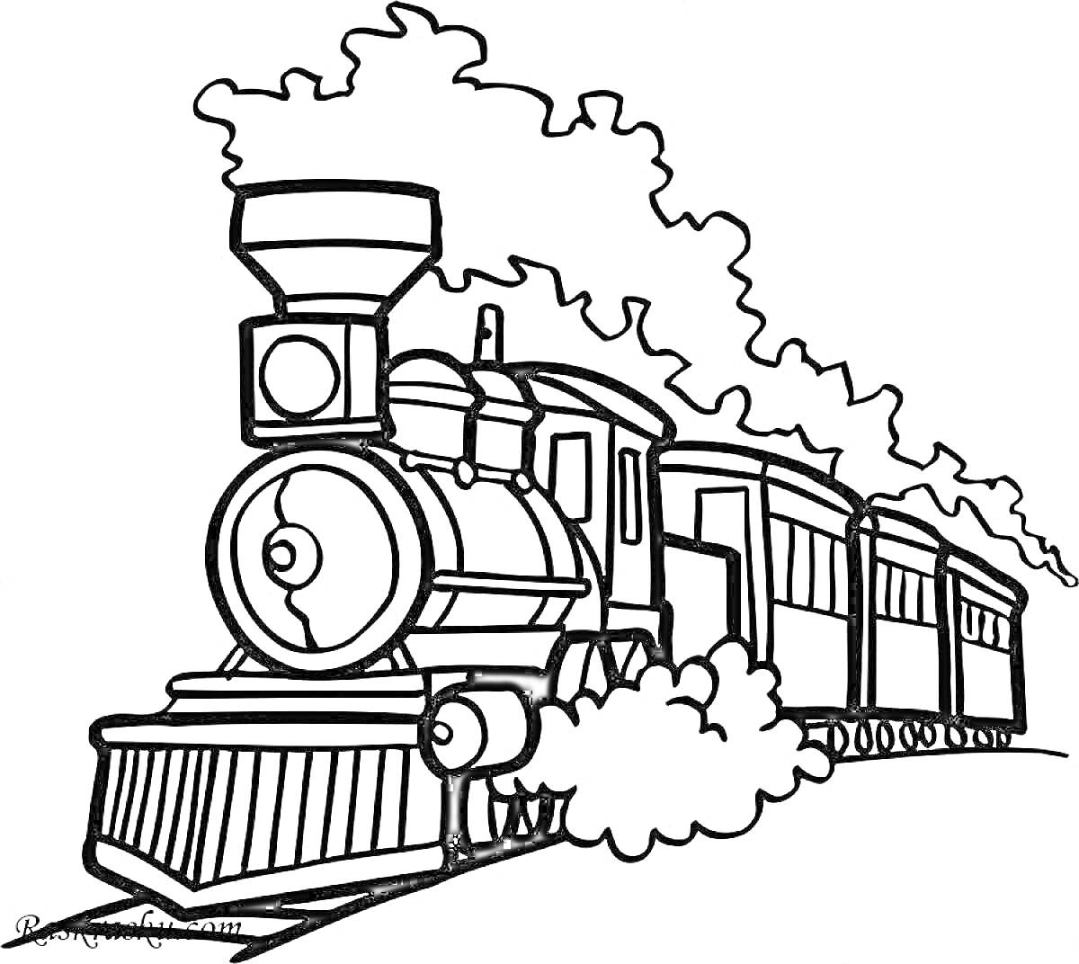 Раскраска Паровоз с вагонами на рельсах, едущий с паром