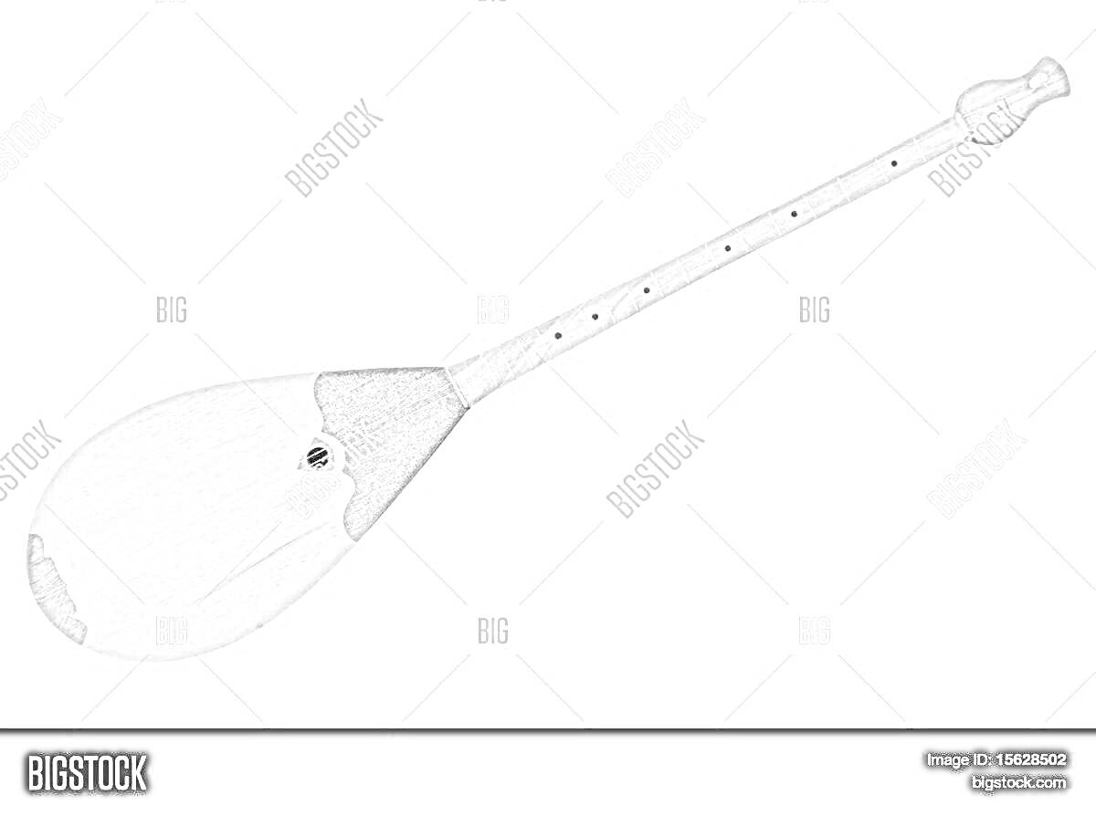 Раскраска Раскраска домбыра крупным планом с длинным грифом и струнами, черно-белое изображение