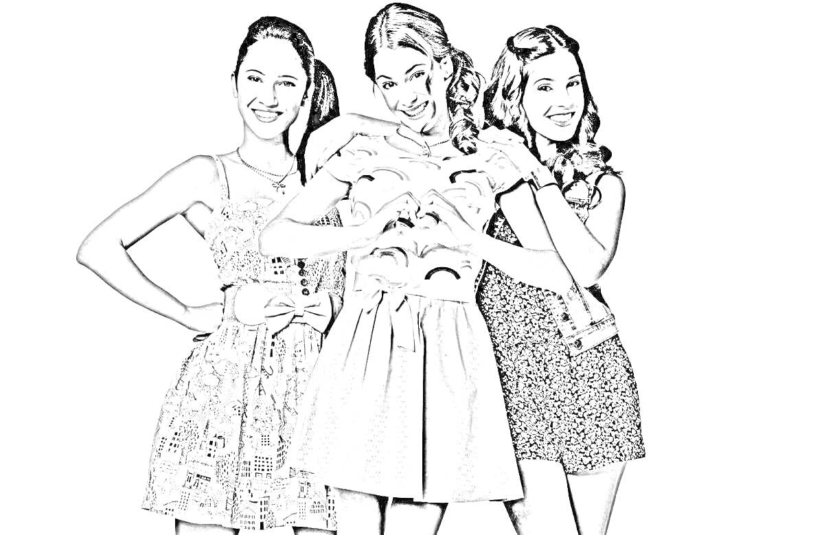 Раскраска Три девушки в платьях, одна из которых складывает руки в форме сердца