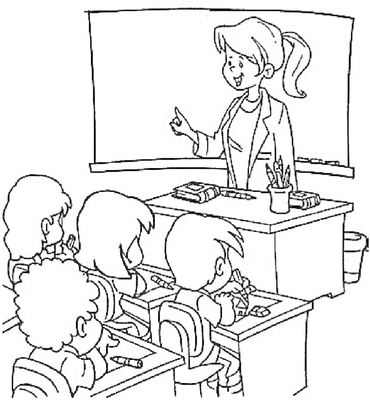 На раскраске изображено: Школа, Класс, Учитель, Ученики, Доска, Парты, Учеба, Образование