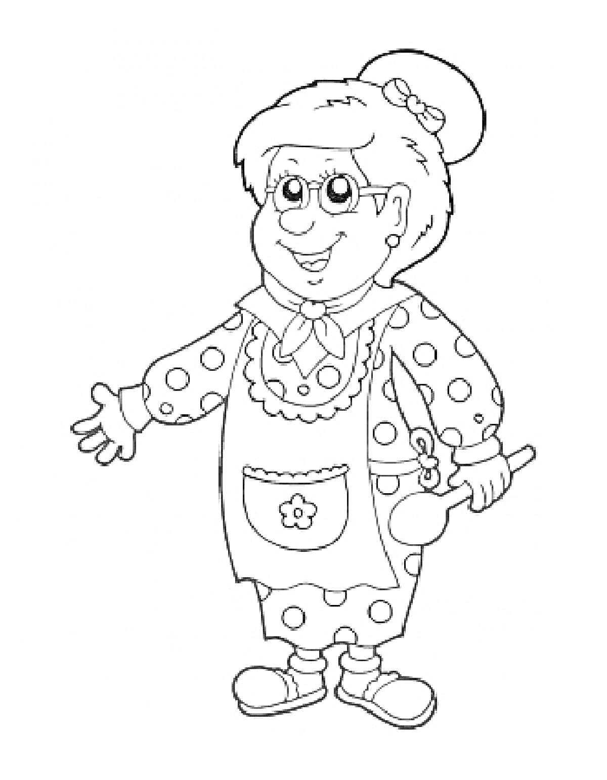 Раскраска Бабушка в платье в горошек и фартуке с ложкой в руке