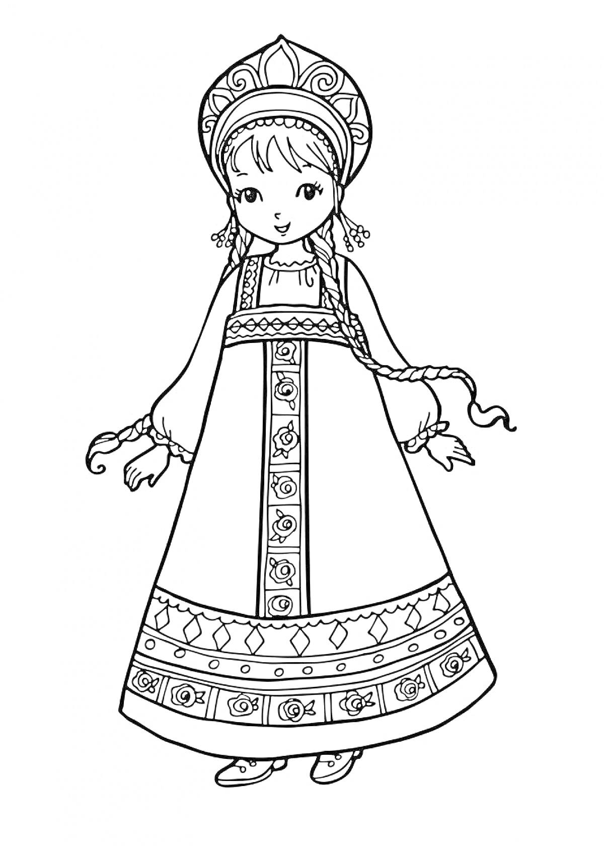 Раскраска Девочка в русском народном сарафане с кокошником, украшенным узорами, и с длинной косой