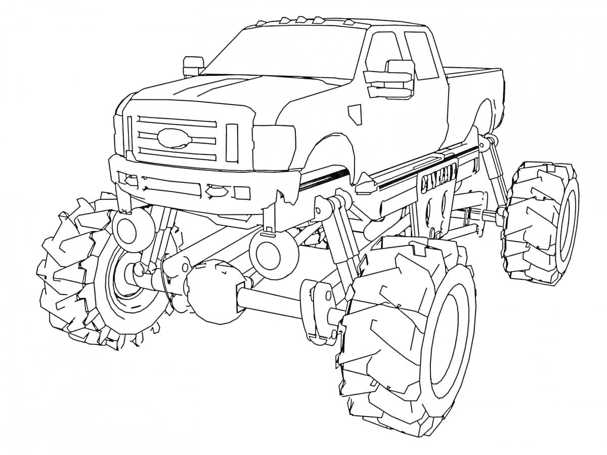 Раскраска Бигфут машина с большими колесами и подвеской