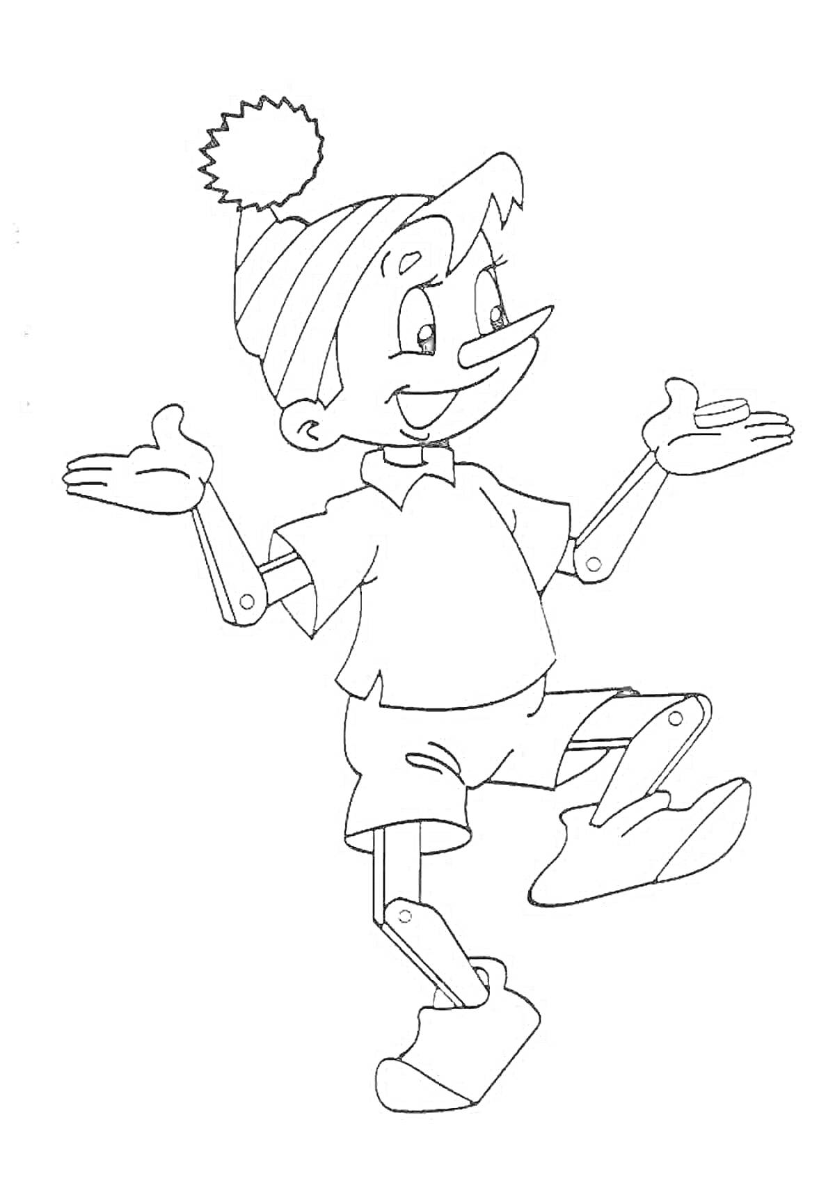 На раскраске изображено: Буратино, Для детей, 4-5 лет, Шапка, Полосатая шапка, Деревянная кукла, Веселье