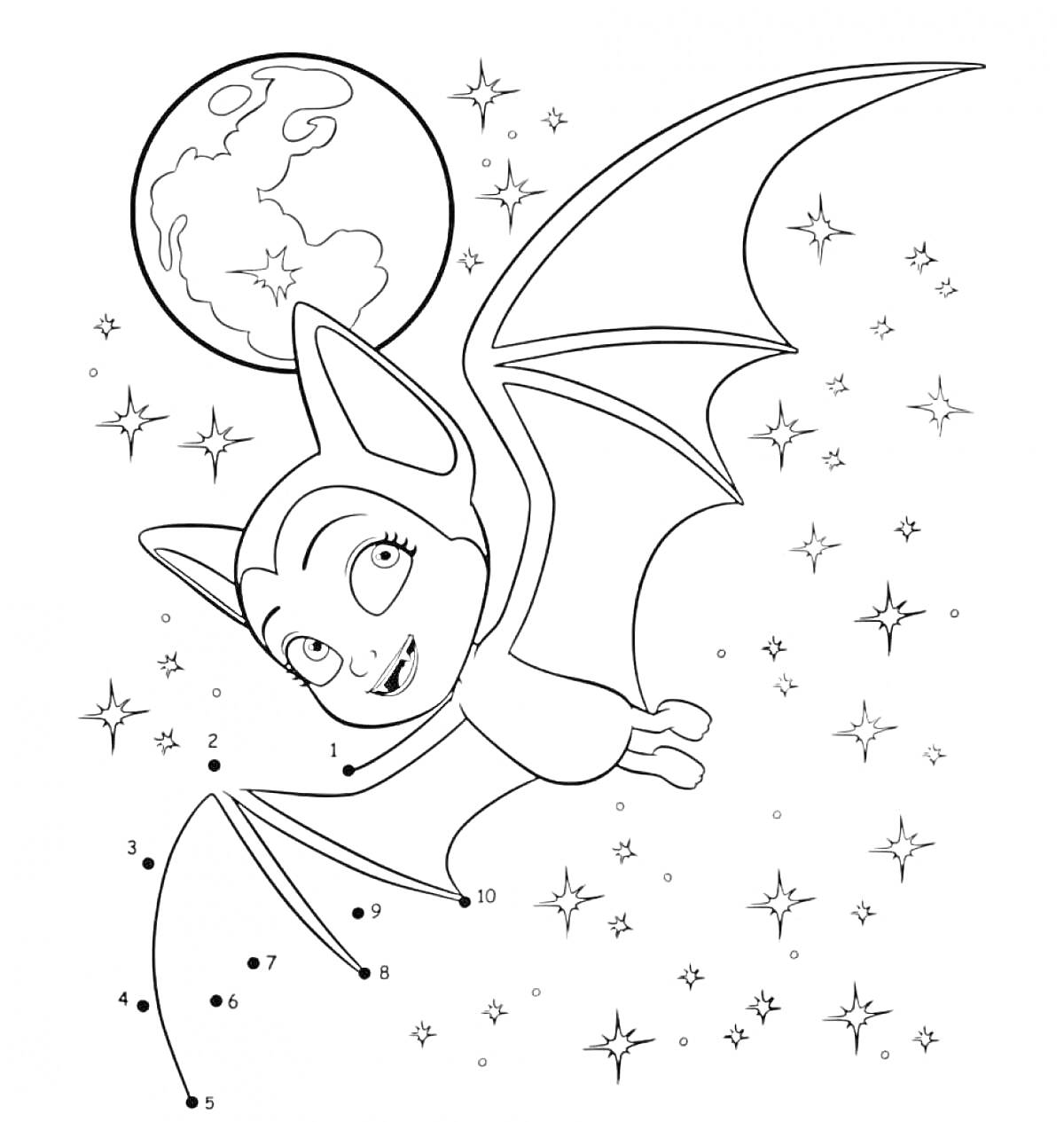На раскраске изображено: Вампирина, Летучая мышь, Луна, Звезды, Ночное небо, Герои мультфильмов