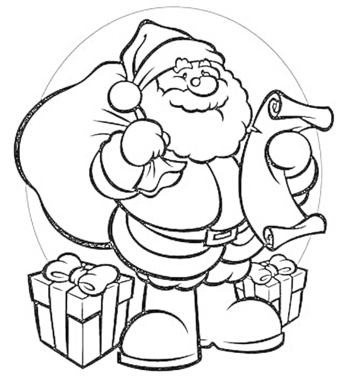 На раскраске изображено: Дед Мороз, Свиток, Подарки, Новый год, Рождество, Мешок с подарками