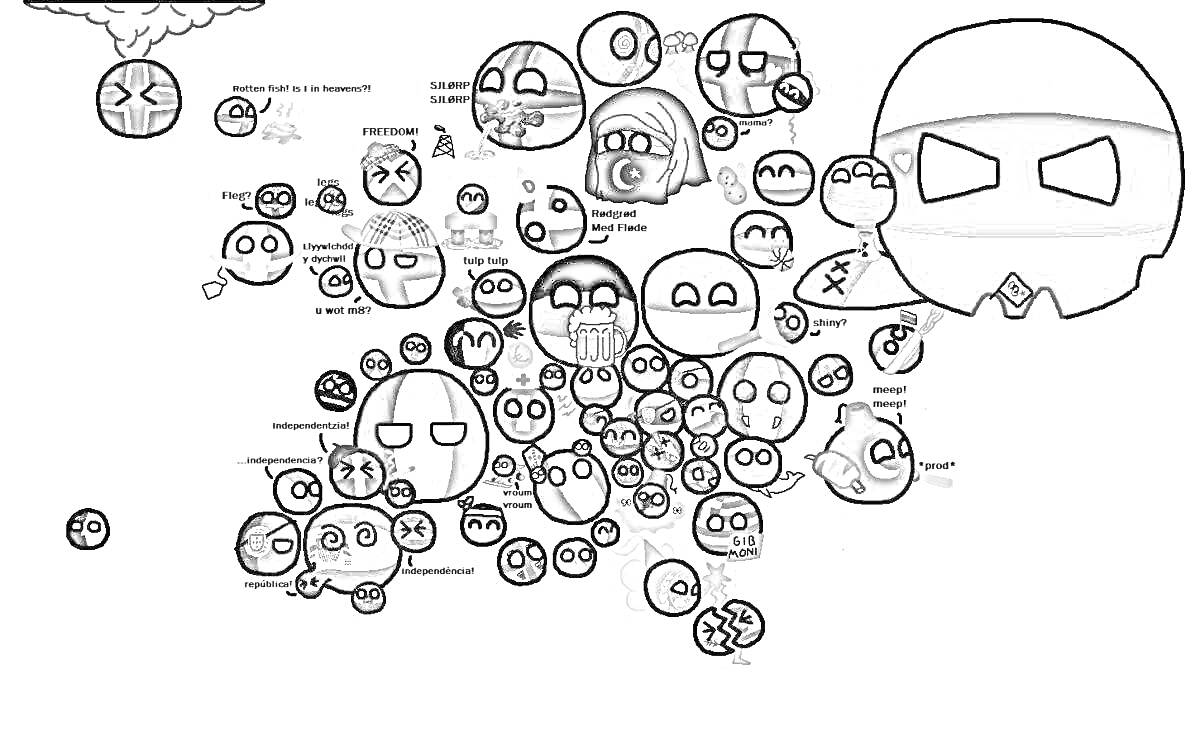 Раскраска Страны-шарики: множество шариков, представляющих разные страны, с разными выражениями лица и аксессуарами