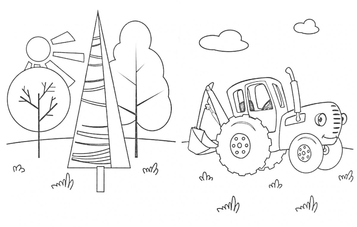 На раскраске изображено: Синий трактор, Трактор, Деревья, Солнце, Облака, Луг, Природа, Для детей