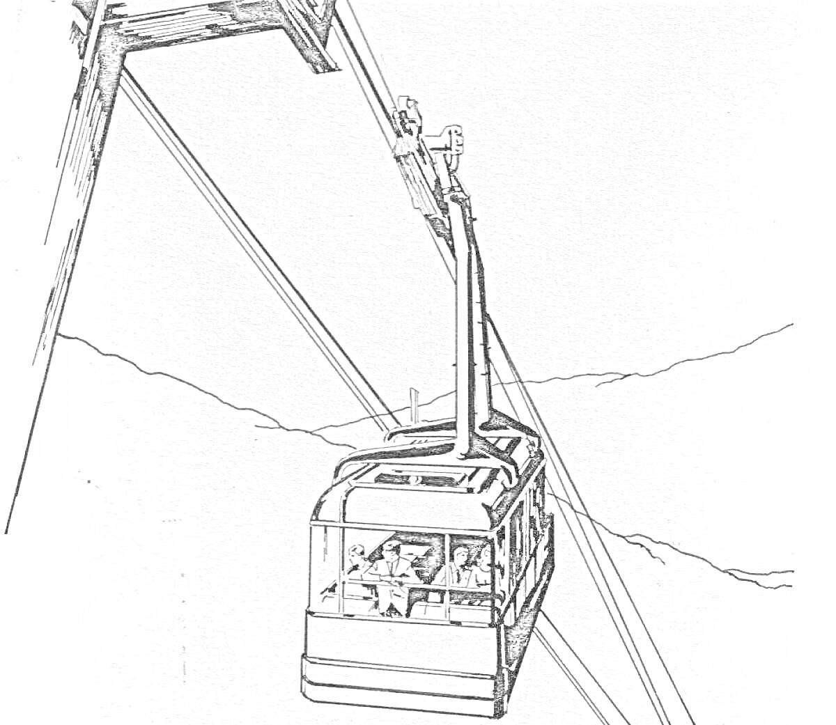 Раскраска Канатная дорога с пассажирами в кабинке на фоне гор