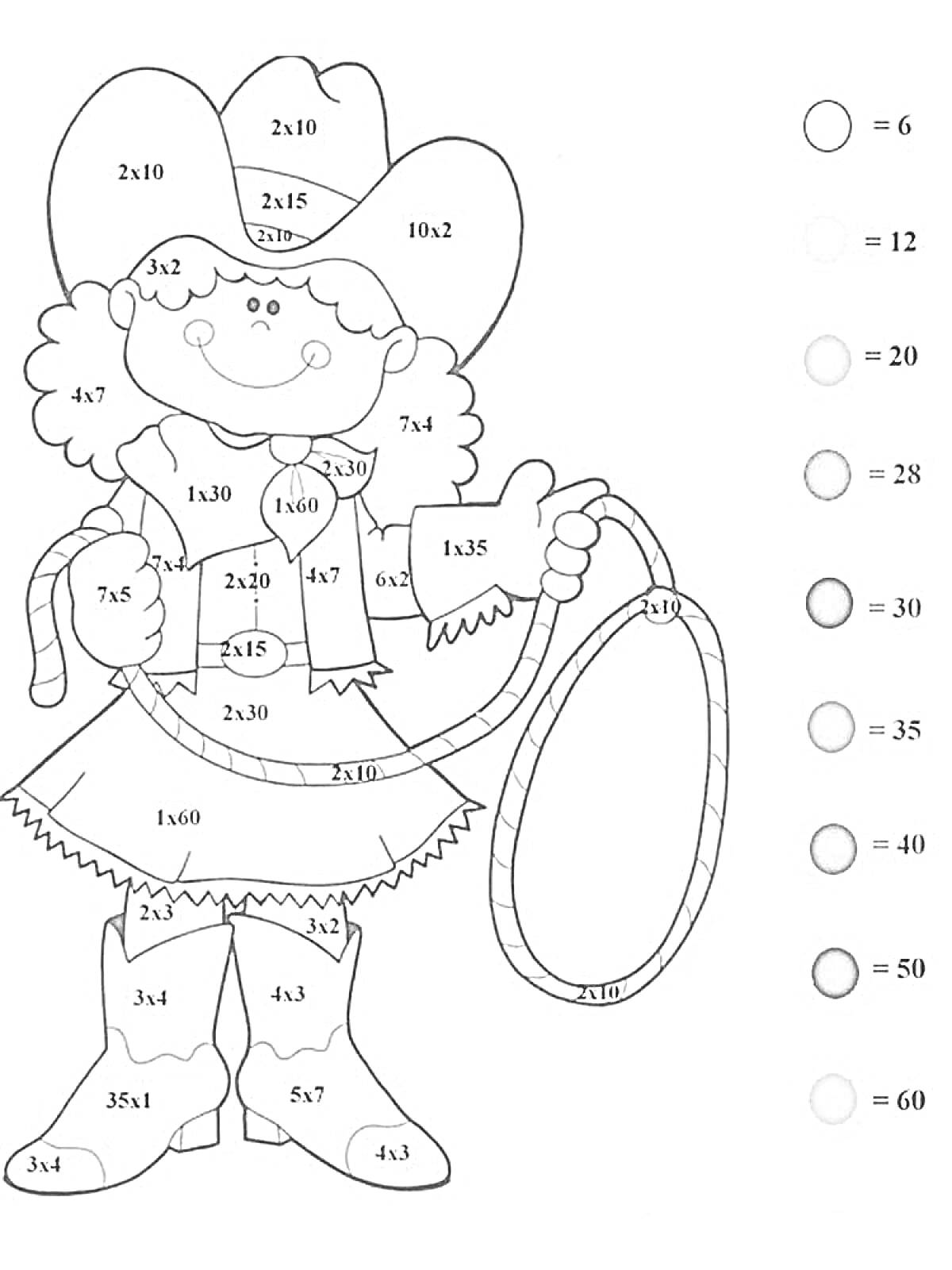 Раскраска Девочка-ковбой, задачки на умножение для раскрашивания