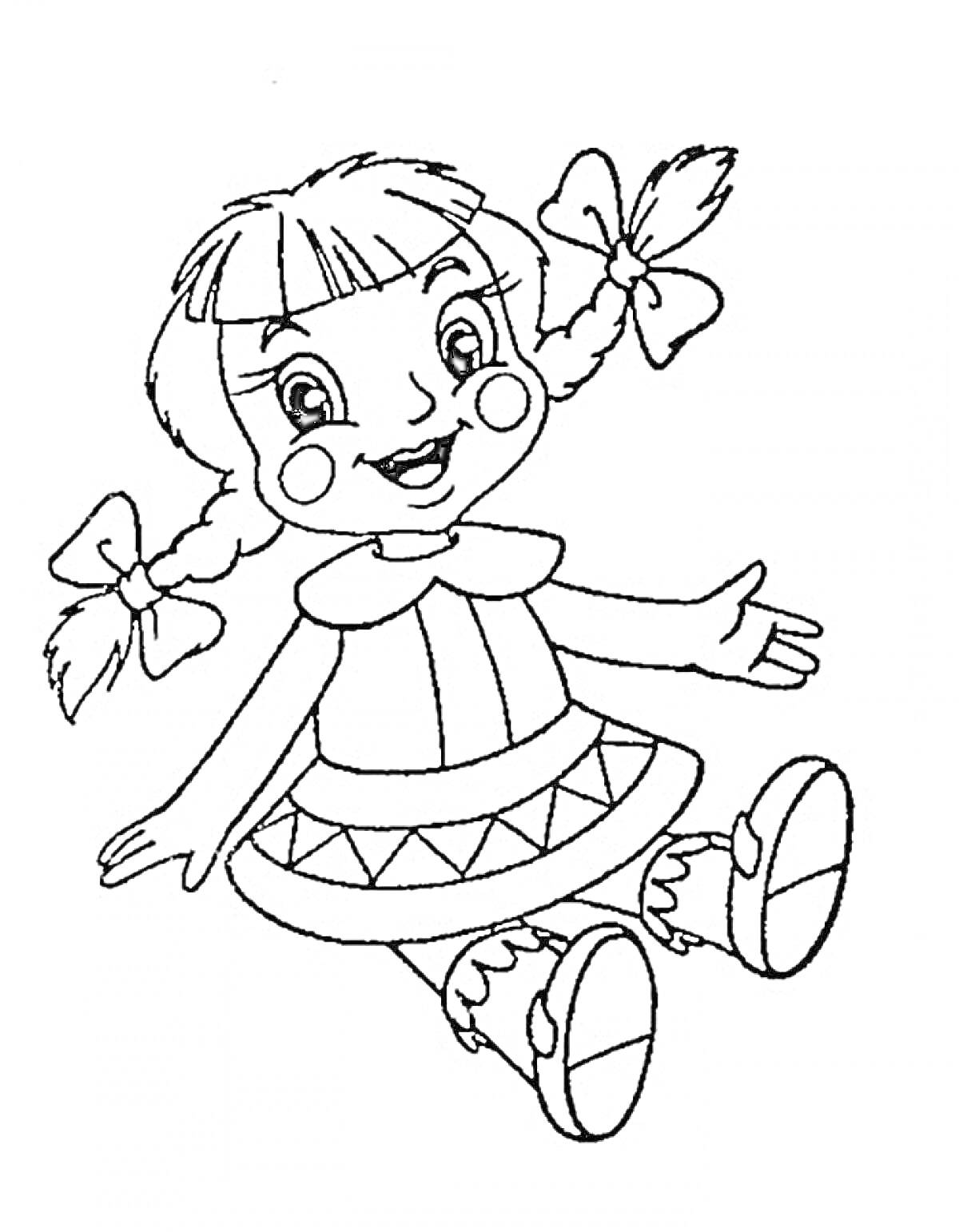 Раскраска Кукла с косичками и бантами в платье и ботинках, с рисунком на юбке.