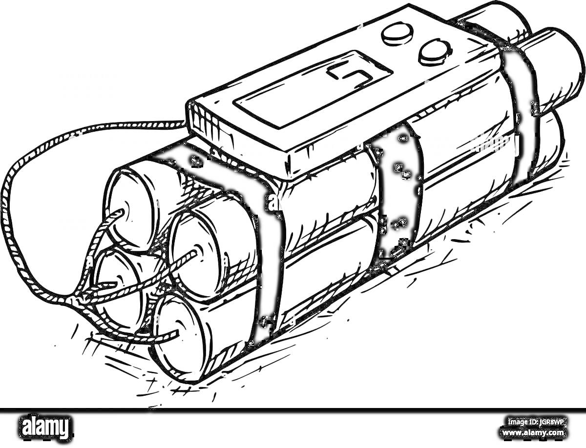 На раскраске изображено: Динамит, Таймер, Мина, Взрывчатка, Рисованная