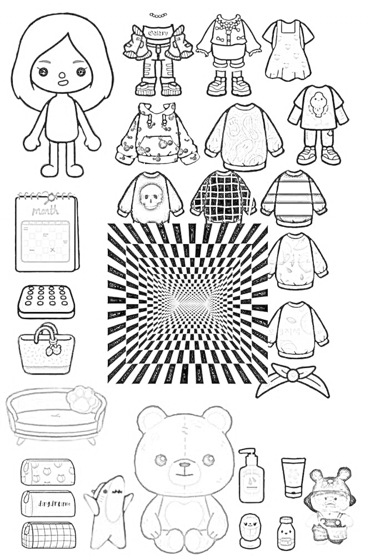 Раскраска Девочка с гардеробом, состоящим из разных комплектов одежды, сумок, игрушек и предметов для ванной комнаты.