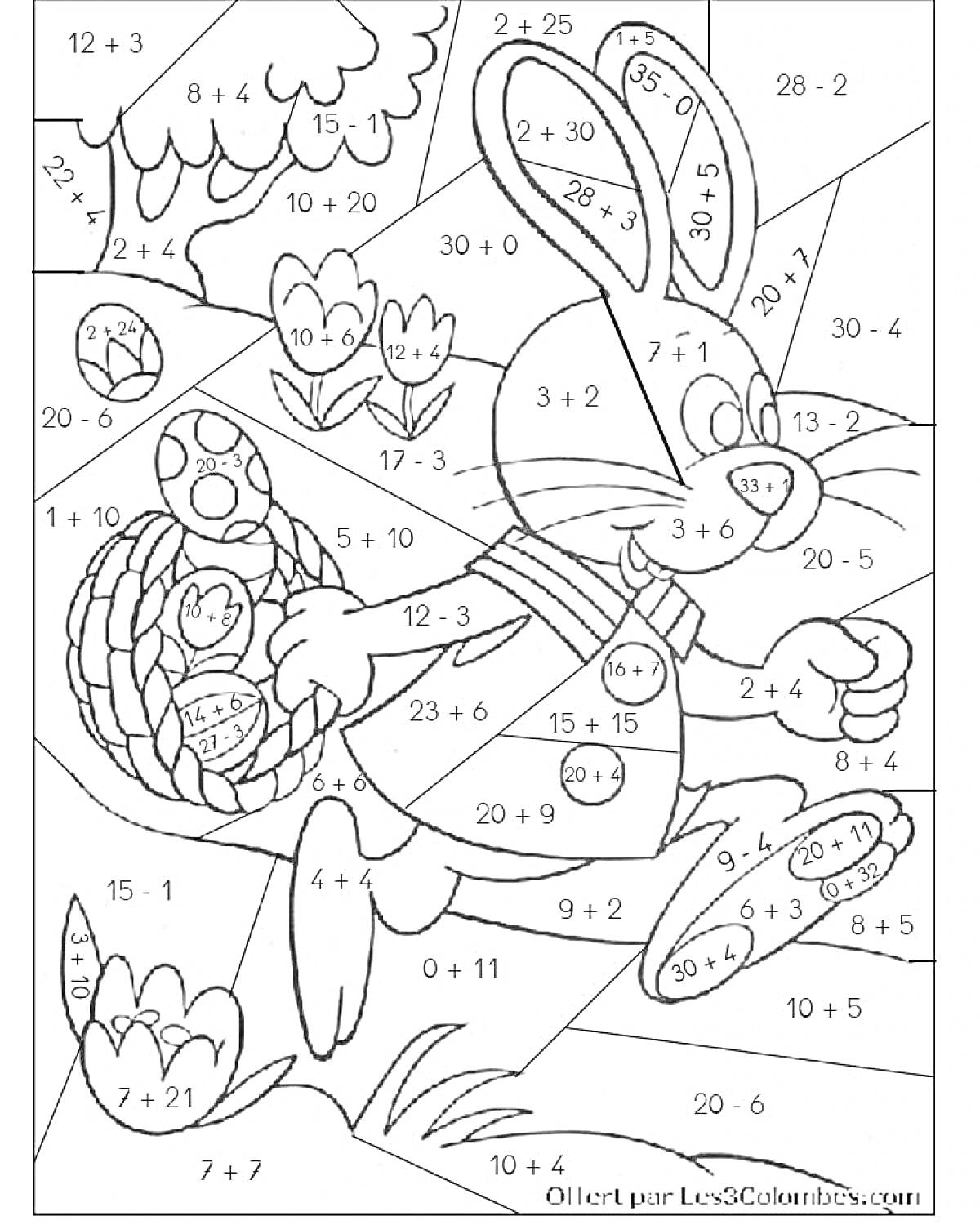 Раскраска Заяц с пасхальными яйцами и цветами, решающий задачи на сложение и вычитание в пределах 10
