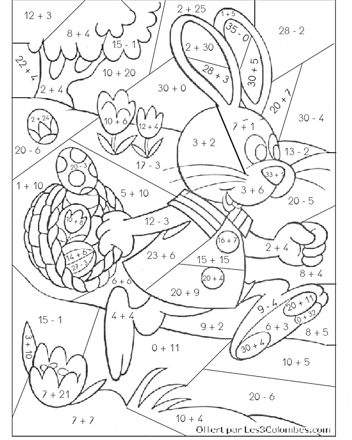 На раскраске изображено: Математика, Первый класс, Сложение, Вычитание, Заяц, Пасхальные яйца, Цветы, Обучение, Задания