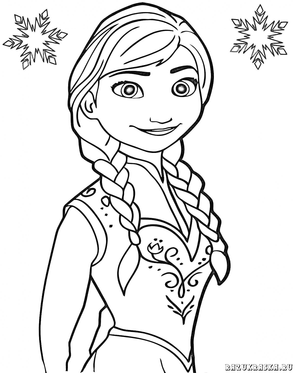 Раскраска Девушка с косами, снеговые узоры