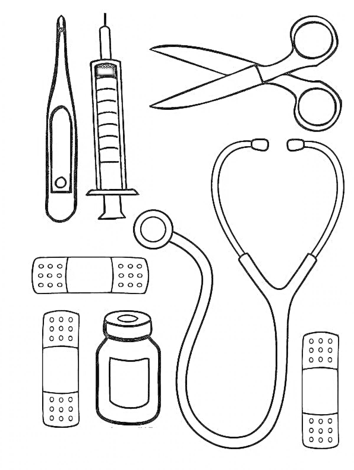 Раскраска Набор доктора - термометр, шприц, ножницы, стетоскоп, пластыри, лекарственная ампула