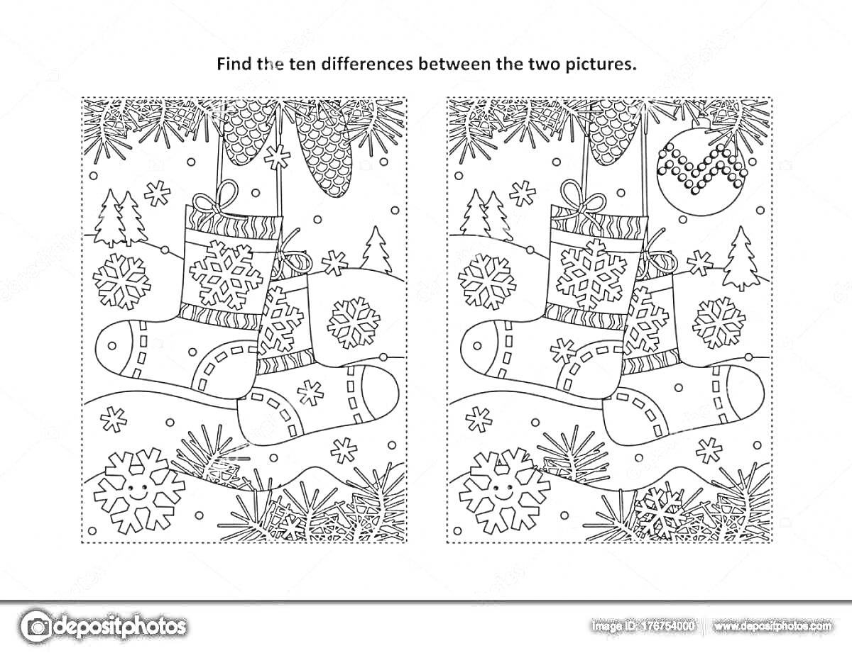 Раскраска зимняя раскраска с носками и снежинками, найди 10 отличий