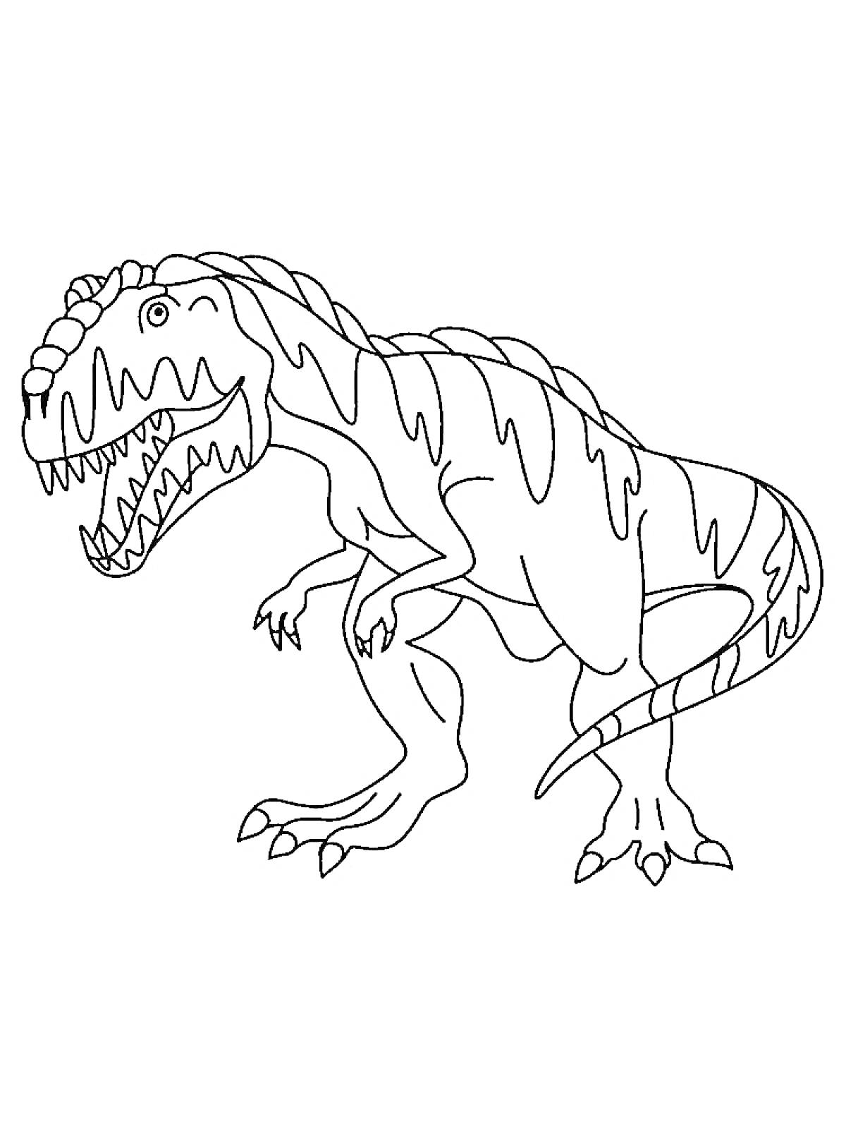 На раскраске изображено: Динозавр, Открытая пасть, Полосы, Тираннозавр Рекс