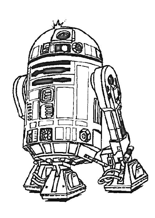Раскраска R2-D2 - дроид, положение стоя, вид спереди-сбоку