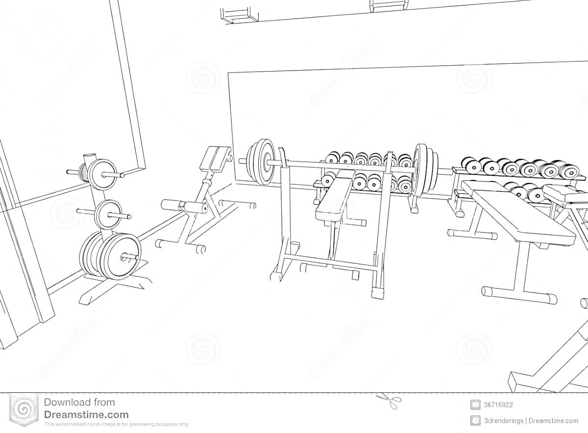 спортзал с штангами, скамейками для жима, стойками для штанг и набором гантелей