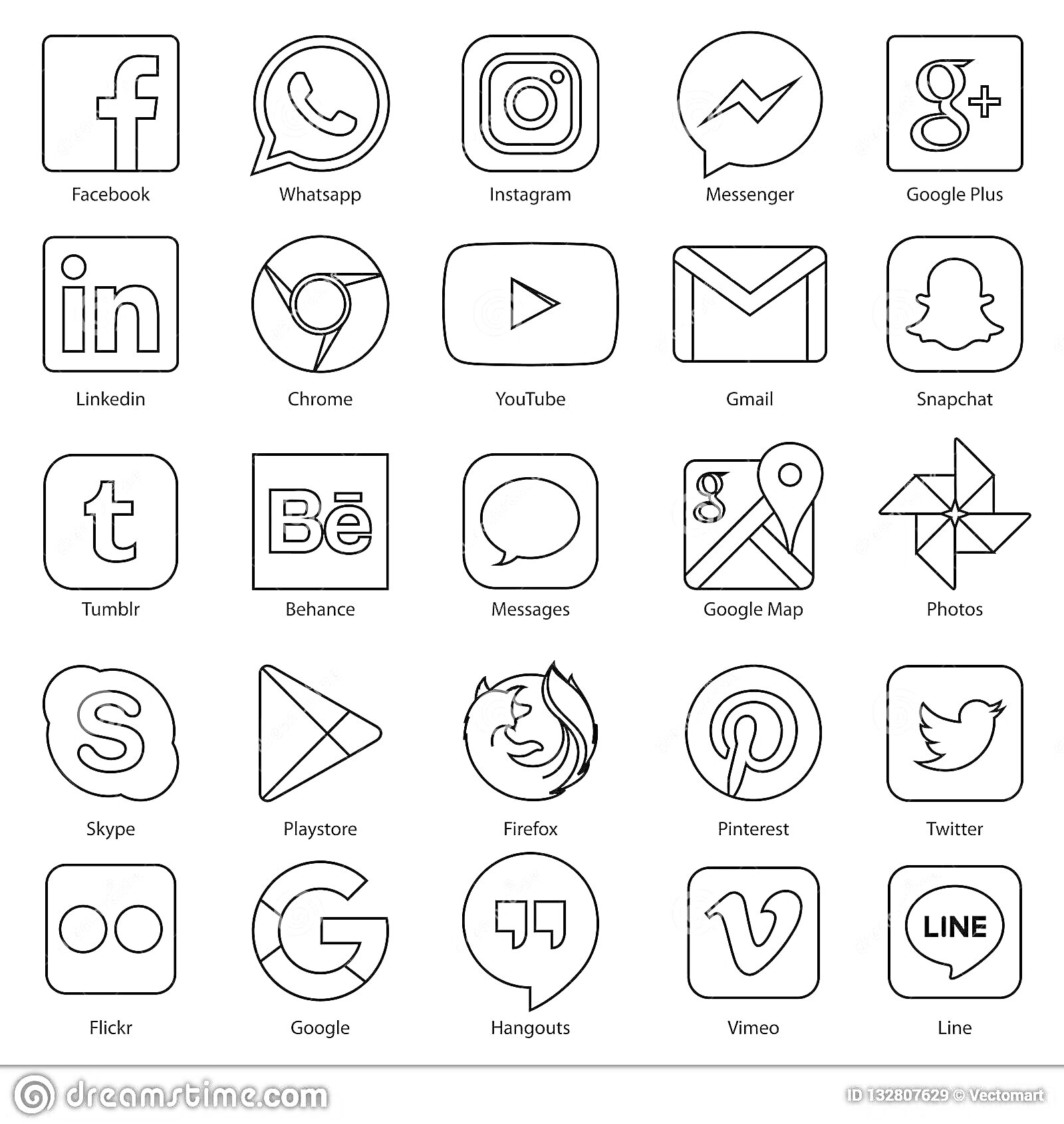 Значки приложений социальных сетей и программ (Facebook, WhatsApp, Instagram, Messenger, Google+, LinkedIn, Chrome, YouTube, Email, Snapchat, Tumblr, Behance, Messages, Google Maps, Photos, Skype, Playstore, Firefox, Pinterest, Twitter, Flickr, Google, Ha
