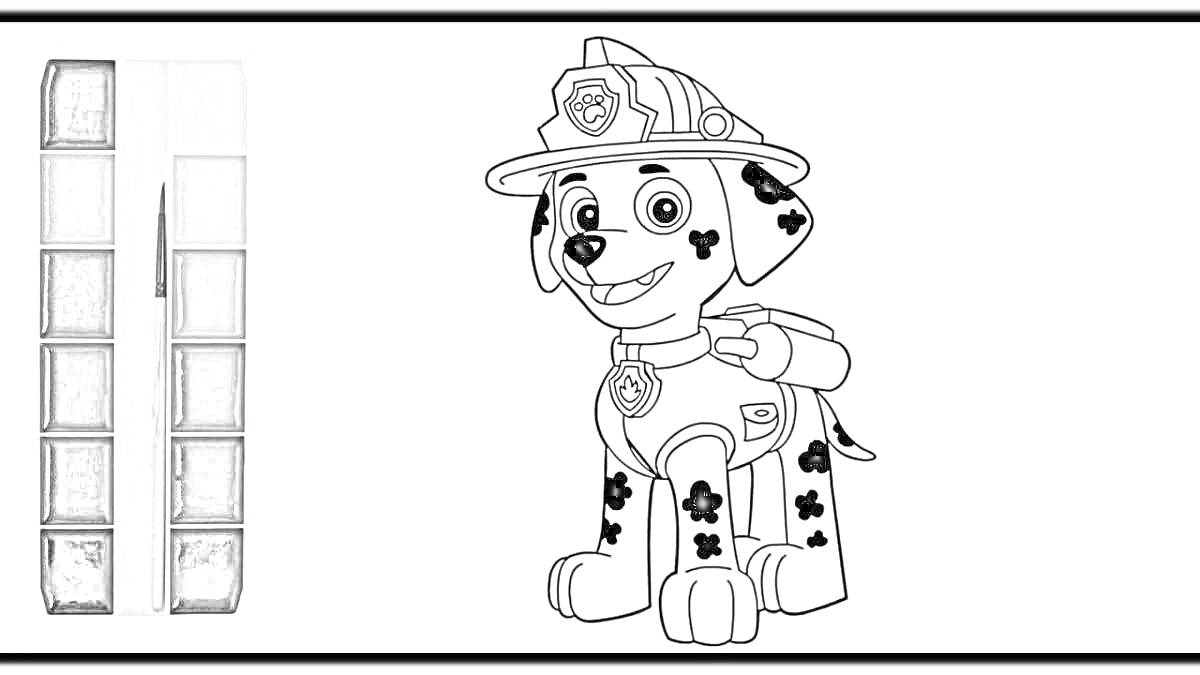 На раскраске изображено: Щенячий Патруль, Маршал, Для детей, Пожарные, Собака